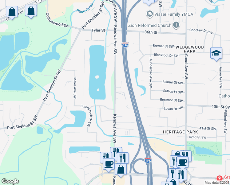 map of restaurants, bars, coffee shops, grocery stores, and more near 3890 Kenowa Avenue Southwest in Grandville