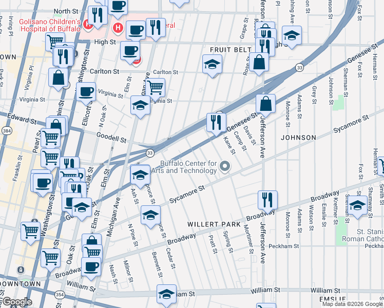 map of restaurants, bars, coffee shops, grocery stores, and more near 434 Genesee Street in Buffalo
