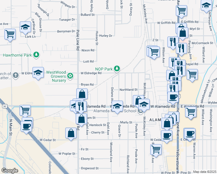 map of restaurants, bars, coffee shops, grocery stores, and more near 1026 Cahoon Avenue in Pocatello