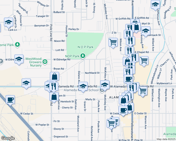 map of restaurants, bars, coffee shops, grocery stores, and more near 1017 Fairbanks Avenue in Pocatello