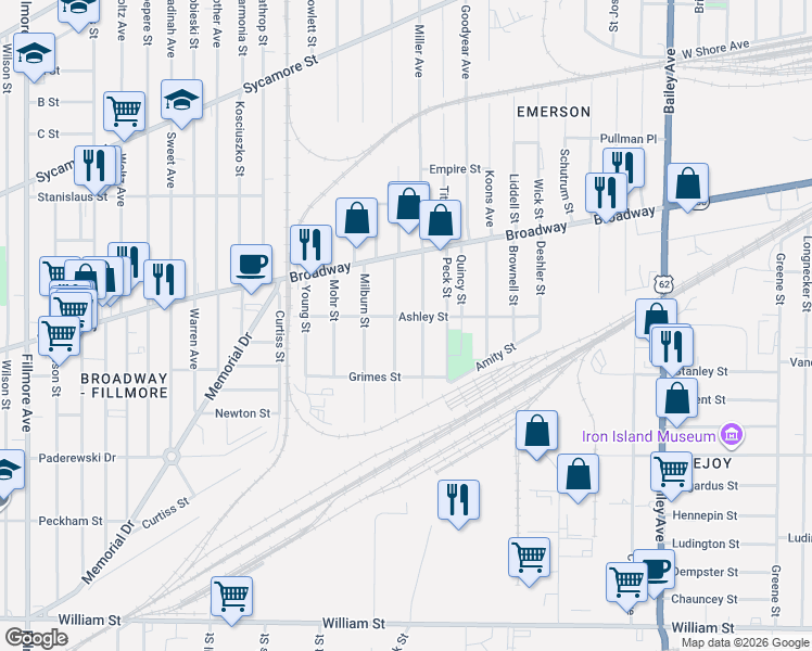 map of restaurants, bars, coffee shops, grocery stores, and more near 112 Ashley Street in Buffalo