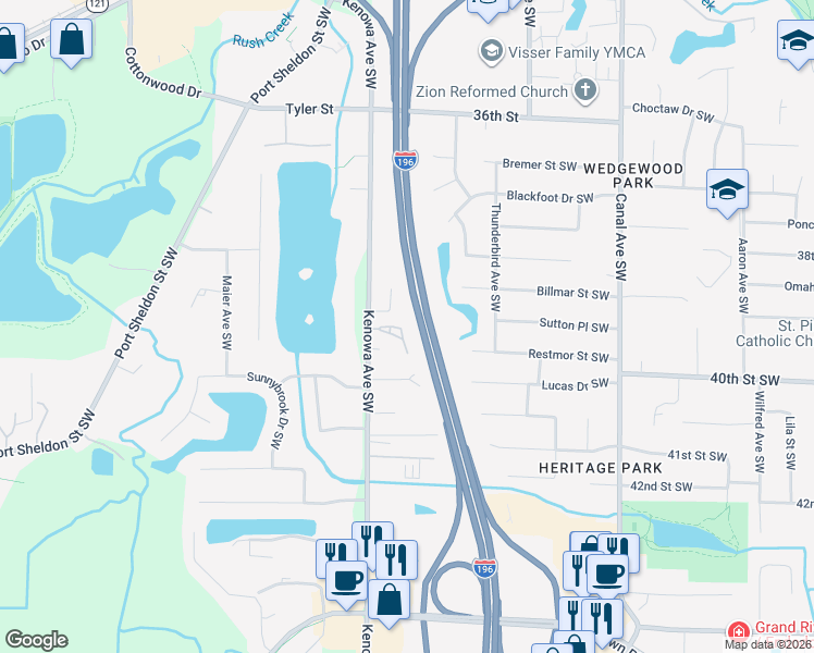 map of restaurants, bars, coffee shops, grocery stores, and more near 3922 Kenowa Avenue Southwest in Grandville