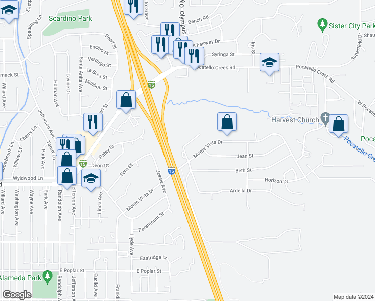 map of restaurants, bars, coffee shops, grocery stores, and more near 1020 Renee Avenue in Pocatello