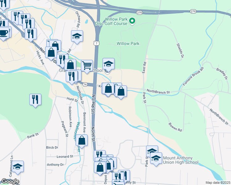 map of restaurants, bars, coffee shops, grocery stores, and more near 118 Bennington Square in Bennington County