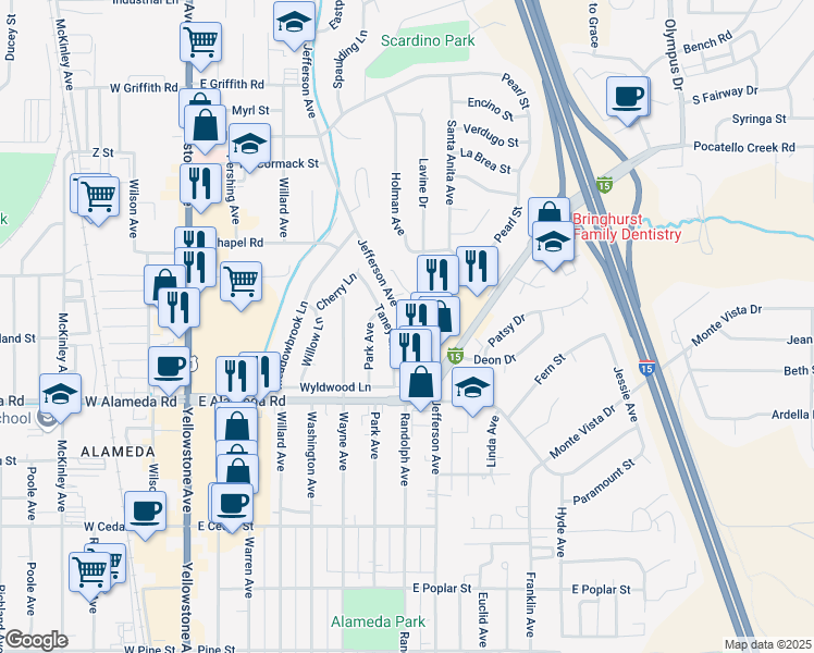 map of restaurants, bars, coffee shops, grocery stores, and more near 1040 Hiline Road in Pocatello