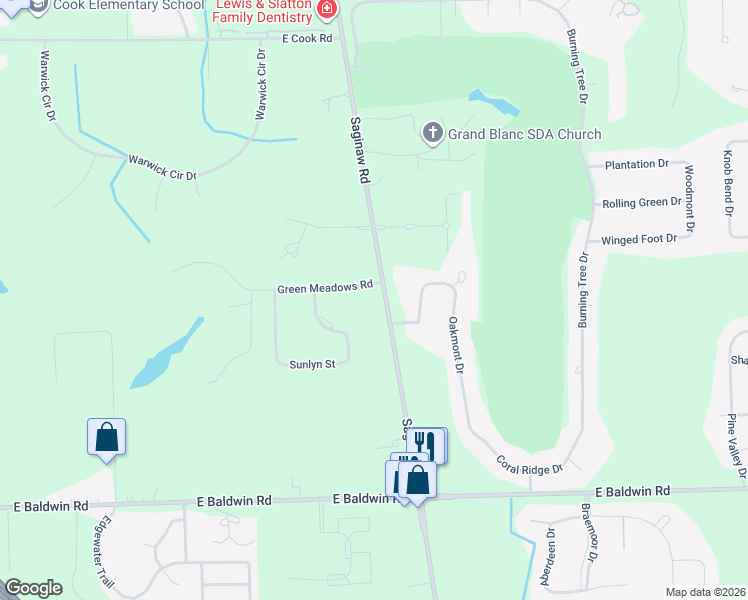 map of restaurants, bars, coffee shops, grocery stores, and more near 5267 Green Meadows Road in Grand Blanc