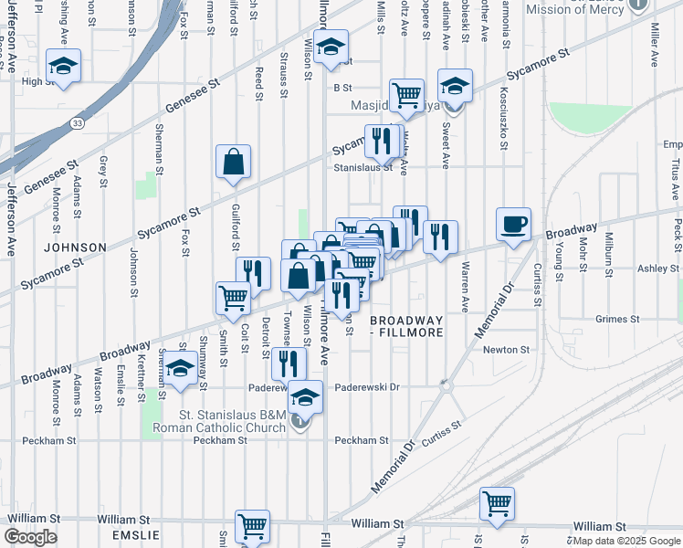 map of restaurants, bars, coffee shops, grocery stores, and more near 306 Gibson Street in Buffalo