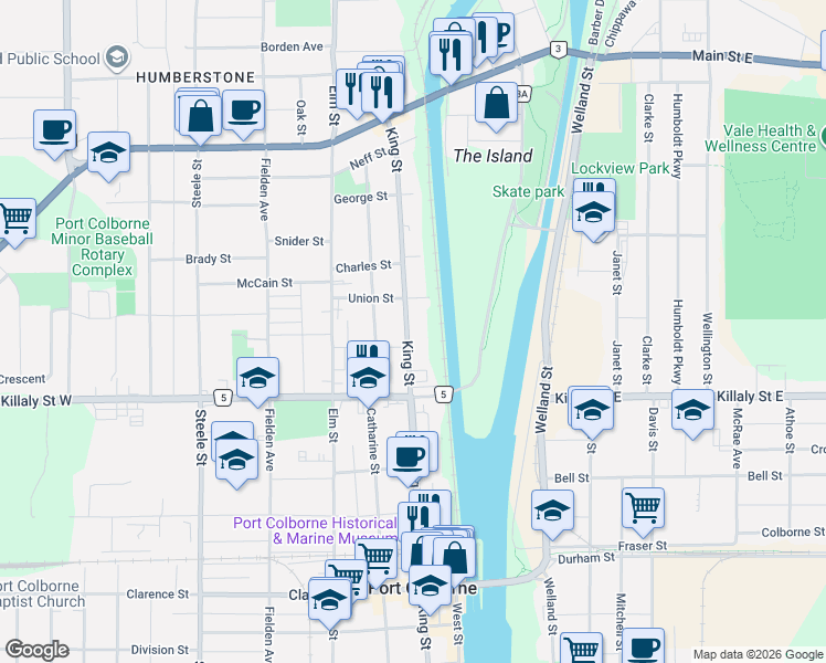 map of restaurants, bars, coffee shops, grocery stores, and more near 587 King Street in Port Colborne