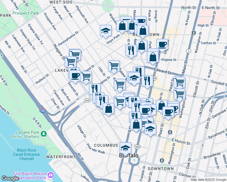 map of restaurants, bars, coffee shops, grocery stores, and more near 20 West Avenue in Buffalo