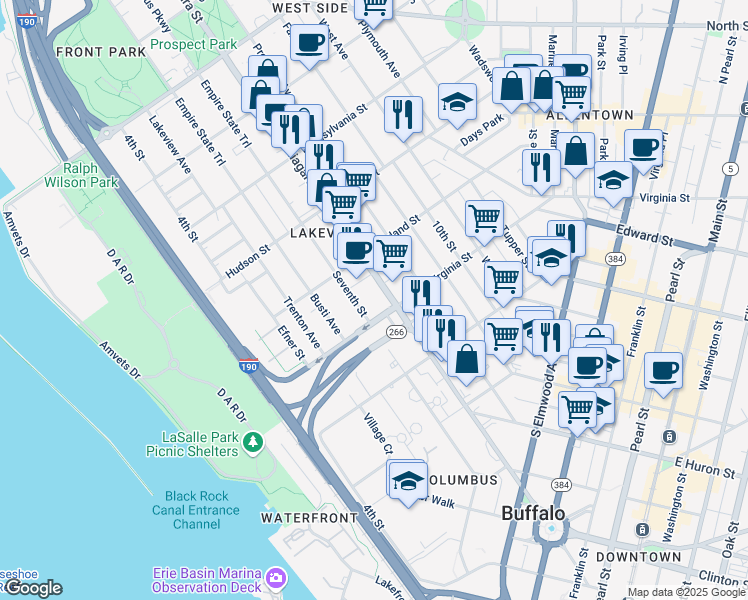 map of restaurants, bars, coffee shops, grocery stores, and more near in Buffalo