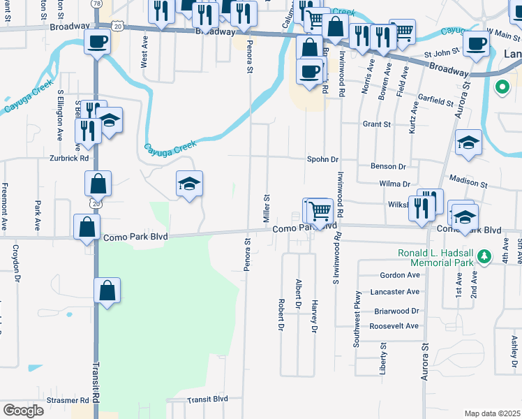 map of restaurants, bars, coffee shops, grocery stores, and more near 1265 South Penora Street in Lancaster