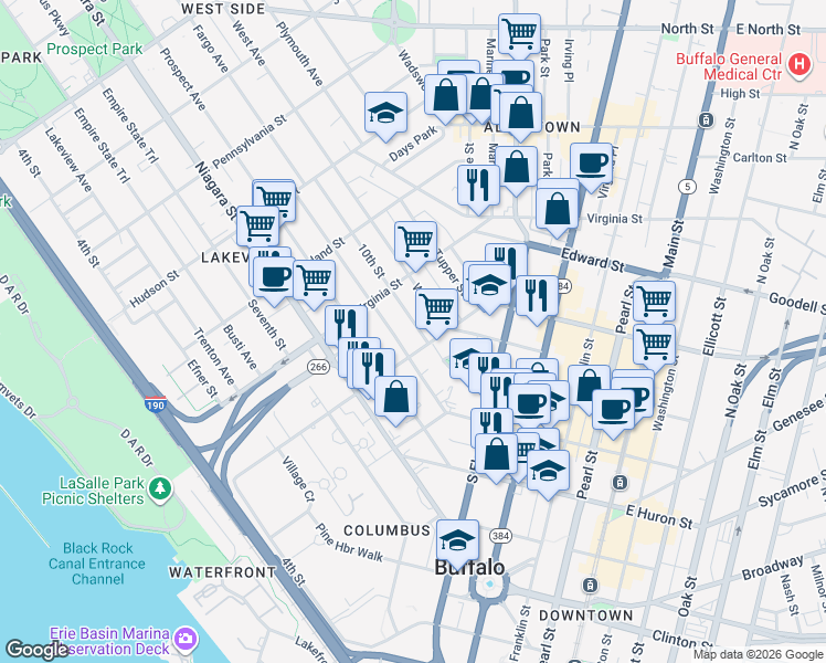 map of restaurants, bars, coffee shops, grocery stores, and more near 20 West Avenue in Buffalo