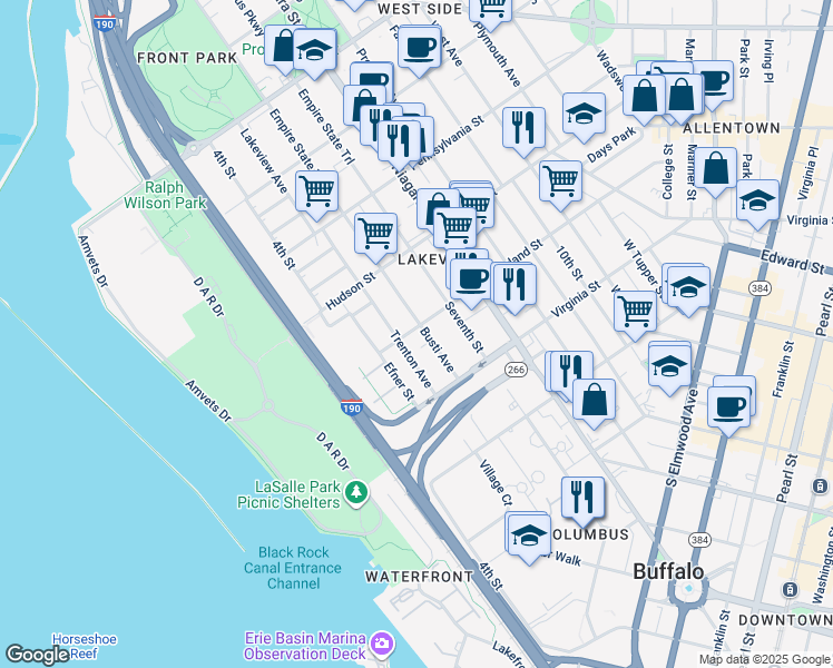 map of restaurants, bars, coffee shops, grocery stores, and more near 107 Maryland Street in Buffalo