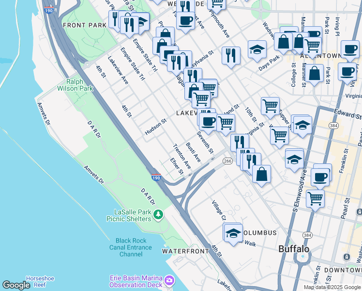 map of restaurants, bars, coffee shops, grocery stores, and more near 303 Trenton Avenue in Buffalo