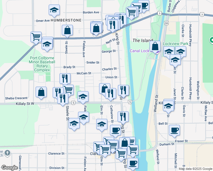 map of restaurants, bars, coffee shops, grocery stores, and more near 577 Elm Street in Port Colborne