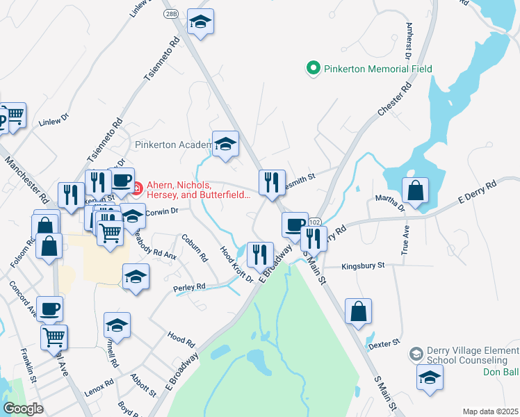 map of restaurants, bars, coffee shops, grocery stores, and more near 22 Crescent Street in Derry