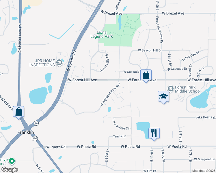 map of restaurants, bars, coffee shops, grocery stores, and more near 8930 West Highland Park Avenue in Franklin