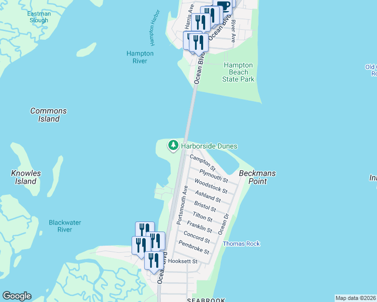 map of restaurants, bars, coffee shops, grocery stores, and more near 3 Thornton Street in Seabrook