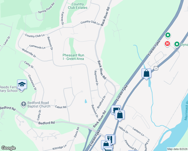 map of restaurants, bars, coffee shops, grocery stores, and more near 25 Raymond Drive in Merrimack
