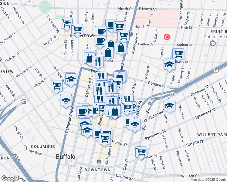 map of restaurants, bars, coffee shops, grocery stores, and more near 712 Main Street in Buffalo