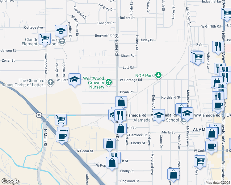 map of restaurants, bars, coffee shops, grocery stores, and more near 3335 Pole Line Road in Pocatello