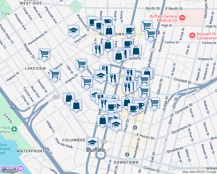 map of restaurants, bars, coffee shops, grocery stores, and more near 313 Carolina Street in Buffalo