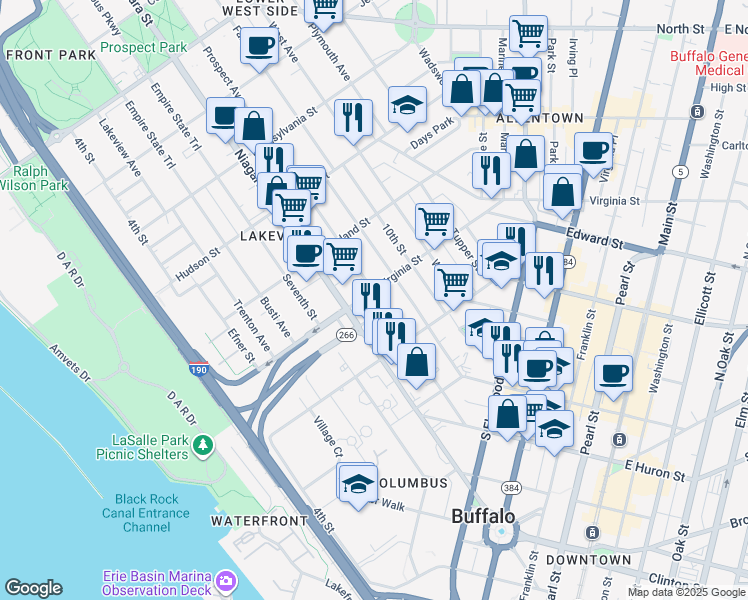 map of restaurants, bars, coffee shops, grocery stores, and more near 181 Prospect Avenue in Buffalo