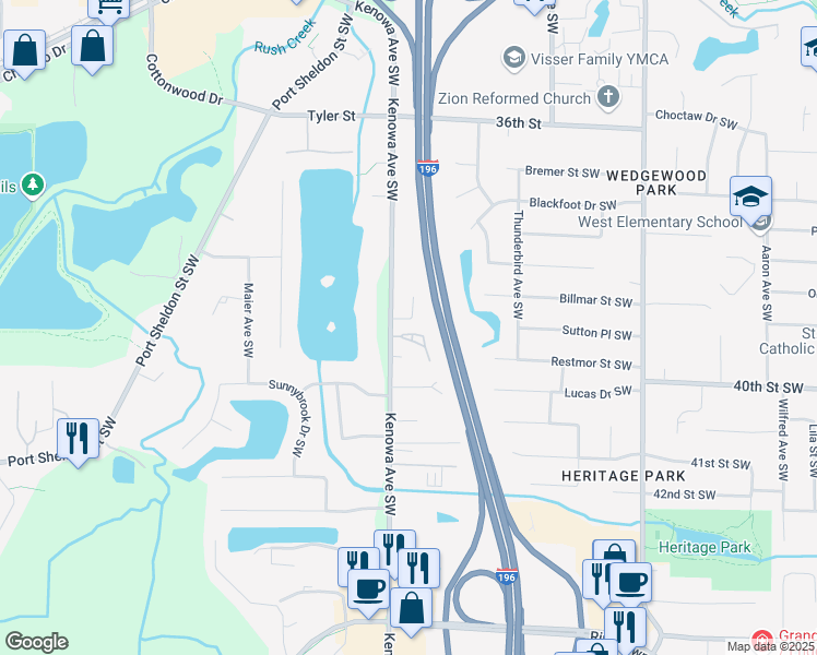 map of restaurants, bars, coffee shops, grocery stores, and more near 3890 Kenowa Avenue Southwest in Grandville