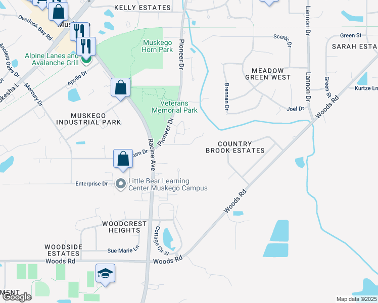 map of restaurants, bars, coffee shops, grocery stores, and more near W182S8320 Pioneer Drive in Muskego