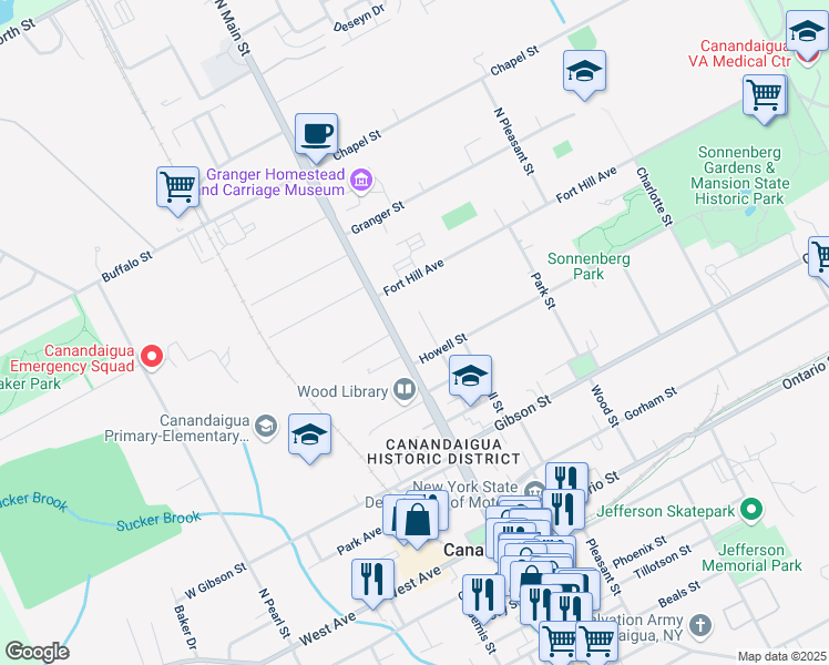 map of restaurants, bars, coffee shops, grocery stores, and more near 183 North Main Street in Canandaigua