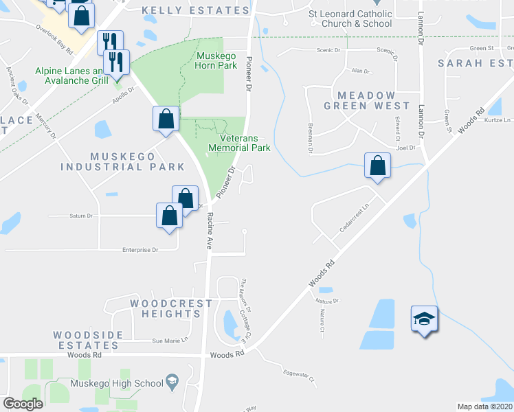 map of restaurants, bars, coffee shops, grocery stores, and more near W182S8320 Pioneer Drive in Muskego