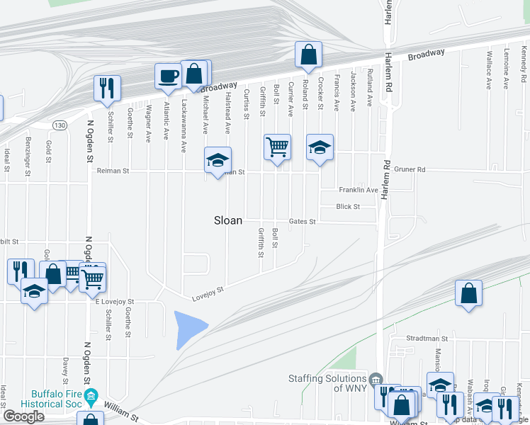 map of restaurants, bars, coffee shops, grocery stores, and more near 105 Griffith Street in Buffalo