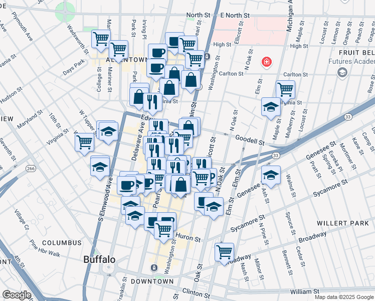 map of restaurants, bars, coffee shops, grocery stores, and more near 737 Main Street in Buffalo