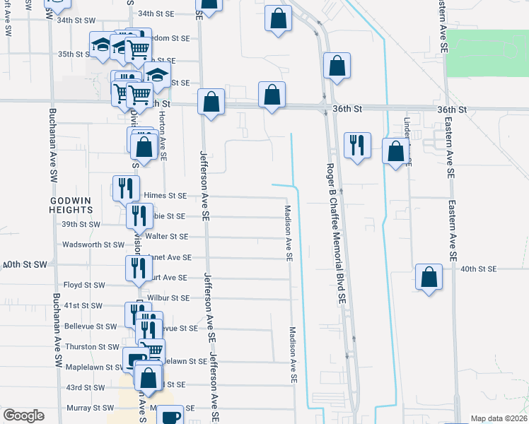 map of restaurants, bars, coffee shops, grocery stores, and more near 336 Himes Street Southeast in Grand Rapids