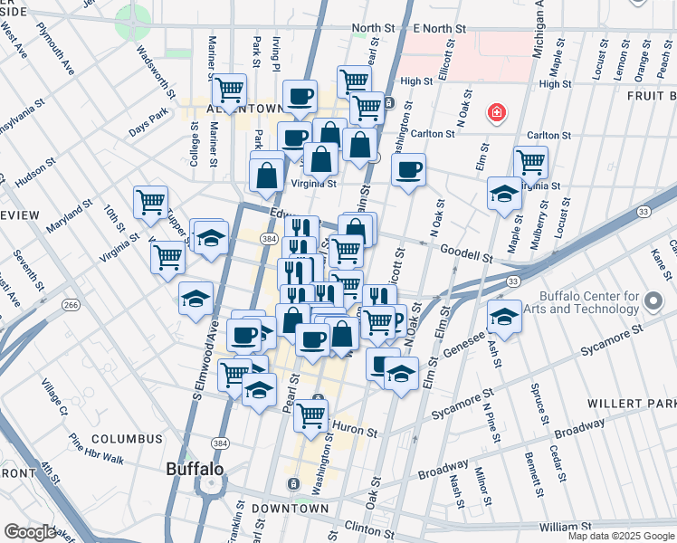 map of restaurants, bars, coffee shops, grocery stores, and more near 737 Main Street in Buffalo