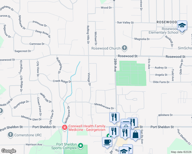 map of restaurants, bars, coffee shops, grocery stores, and more near 6867 Arbor Heights Drive in Hudsonville