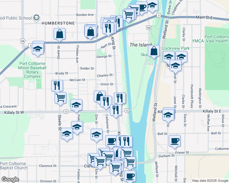 map of restaurants, bars, coffee shops, grocery stores, and more near 600 King Street in Port Colborne