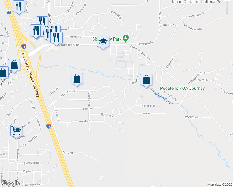 map of restaurants, bars, coffee shops, grocery stores, and more near 2022 Monte Vista Drive in Pocatello