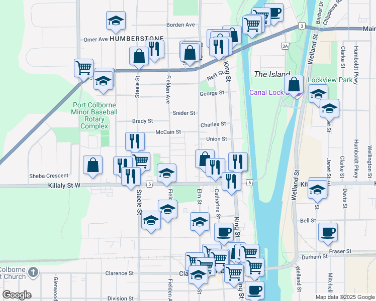 map of restaurants, bars, coffee shops, grocery stores, and more near 75 Silver Street in Port Colborne