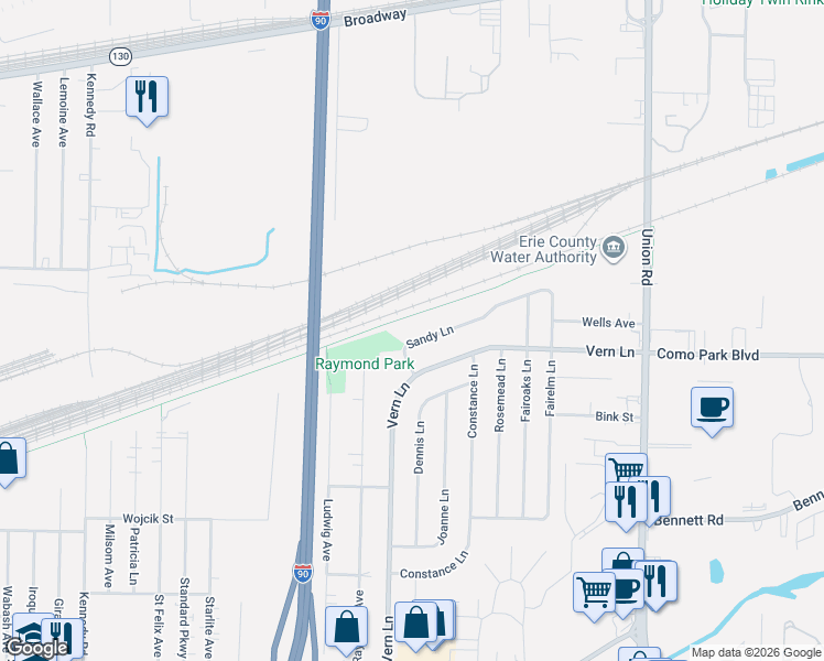 map of restaurants, bars, coffee shops, grocery stores, and more near 17 Sandy Lane in Cheektowaga