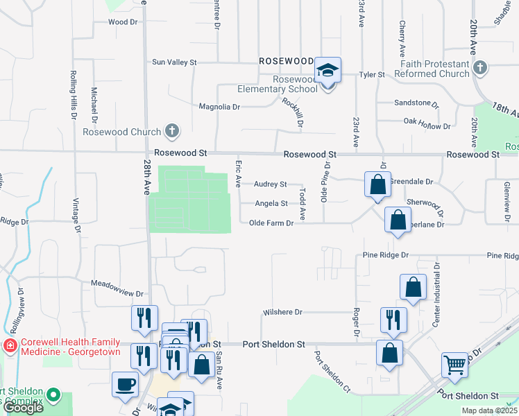 map of restaurants, bars, coffee shops, grocery stores, and more near 2530 Angela Street in Jenison