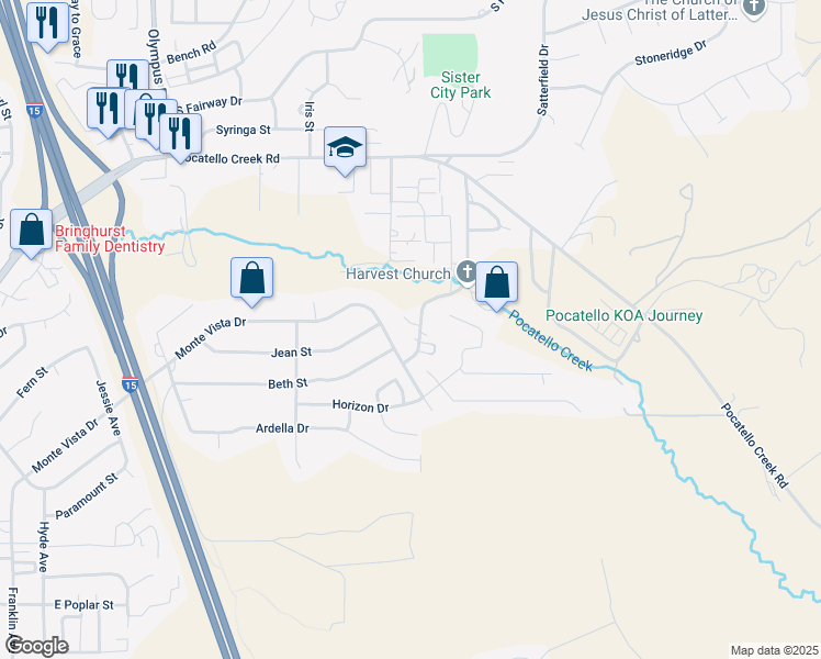 map of restaurants, bars, coffee shops, grocery stores, and more near 1045 Booth Drive in Pocatello