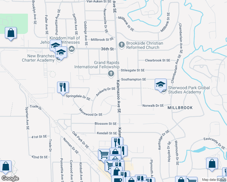 map of restaurants, bars, coffee shops, grocery stores, and more near 1556 Amberly Drive Southeast in Grand Rapids