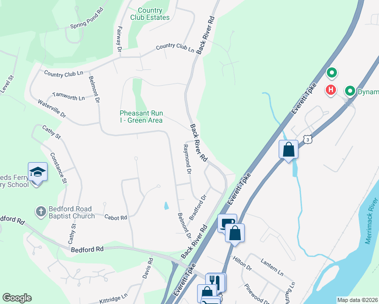 map of restaurants, bars, coffee shops, grocery stores, and more near 25 Raymond Drive in Merrimack