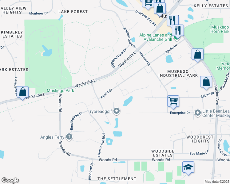 map of restaurants, bars, coffee shops, grocery stores, and more near S83W19407 Apollo Drive in Muskego