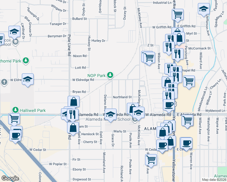 map of restaurants, bars, coffee shops, grocery stores, and more near 1030 Everett Avenue in Pocatello