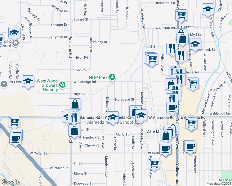 map of restaurants, bars, coffee shops, grocery stores, and more near 1030 Everett Avenue in Pocatello