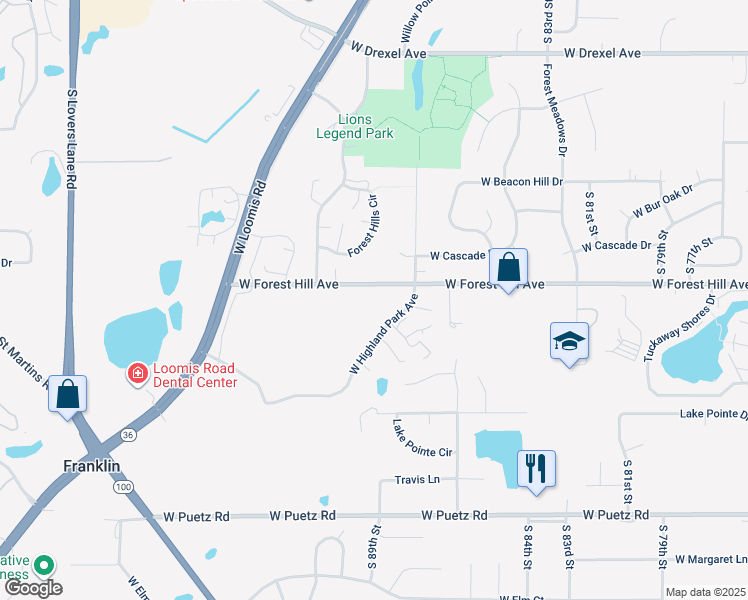 map of restaurants, bars, coffee shops, grocery stores, and more near 8930 West Highland Park Avenue in Franklin