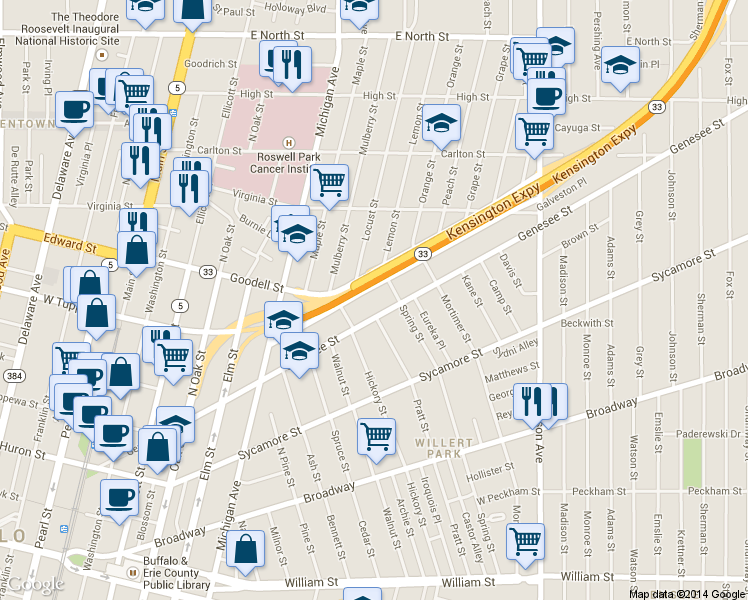 map of restaurants, bars, coffee shops, grocery stores, and more near 125 Cherry Street in Buffalo