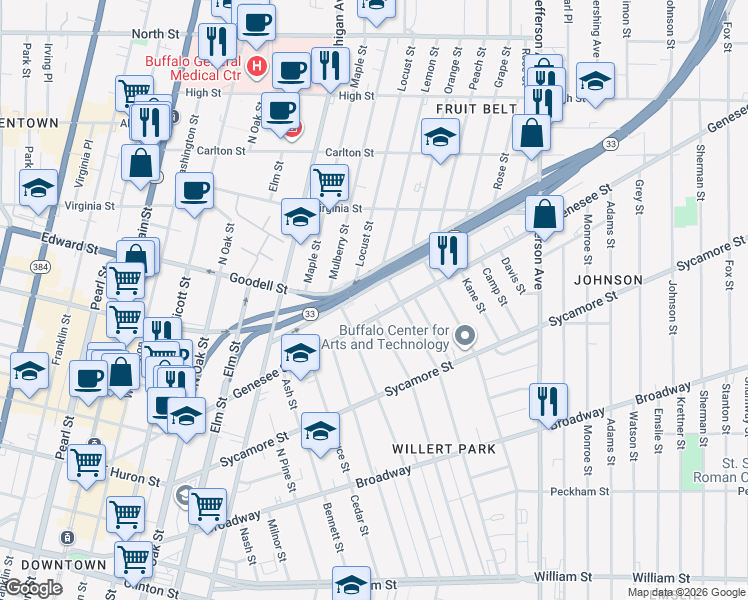 map of restaurants, bars, coffee shops, grocery stores, and more near 125 Cherry Street in Buffalo